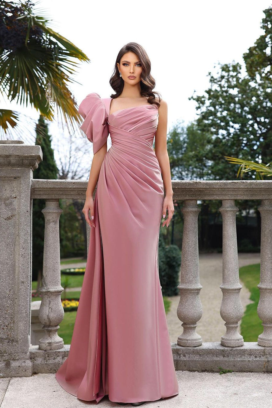 Elegant Long Dusty Rose One Shoulder Satin Sleeveless Floor Length Prom Dress