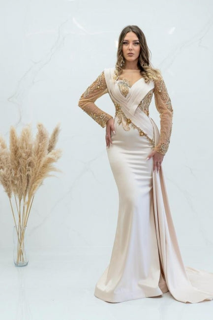 Elegant Long Glitter Beading Mermaid Prom Dresses With Long Sleeves-misshow.com