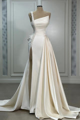 Elegant Long Ivory A-line One Shoulder Pearls Satin Sleeveless Wedding Dress with Slit