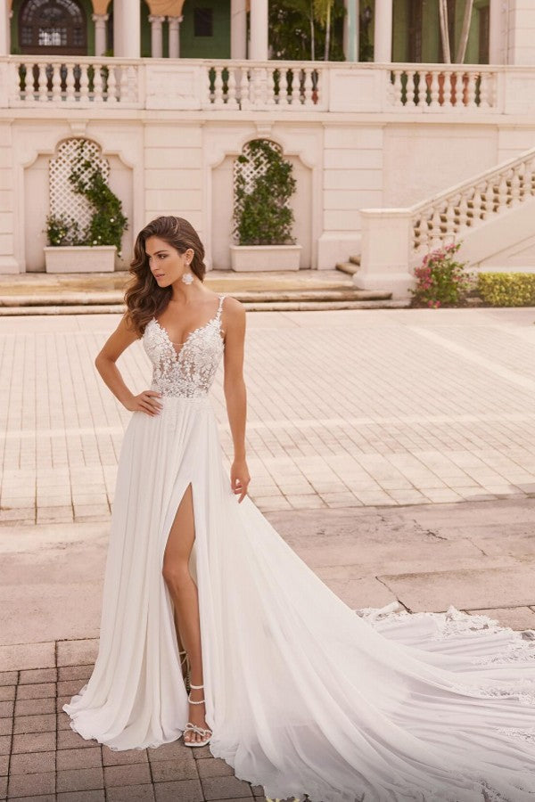 Elegant Long Ivory A-line Spaghetti Straps V-neck Lace Wedding Dress with Slit