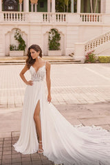 Elegant Long Ivory A-line Spaghetti Straps V-neck Lace Wedding Dress with Slit