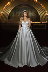 Elegant Long Ivory Sweetheart Off-the-shoulder A-line Sleeveless Wedding Dress-misshow.com