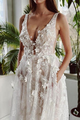 Elegant Long Ivory V-neck A-line Lace Wedding Dress With Glitter