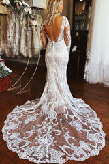 Elegant Long Mermaid Lace Long Sleeves Appliques Wedding Dress-misshow.com