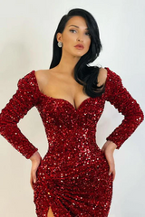 Elegant Long Mermaid Long Sleeves Sequined Prom Dress With Slit-misshow.com