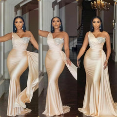 Elegant Long Mermaid One Shoulder Sequined Prom Dress With Ruffles-misshow.com