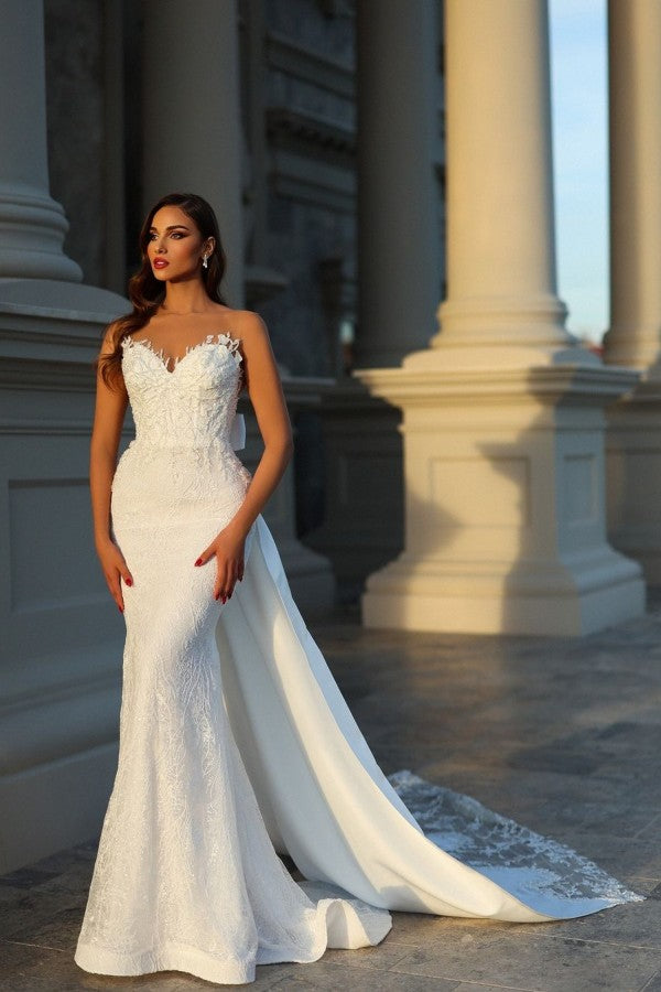 Elegant Long Mermaid Sleeveless Wedding Dresses With Lace-misshow.com