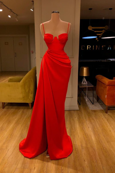 Elegant Long Mermaid Spaghetti Straps Satin Sleeveless Prom Dress-misshow.com