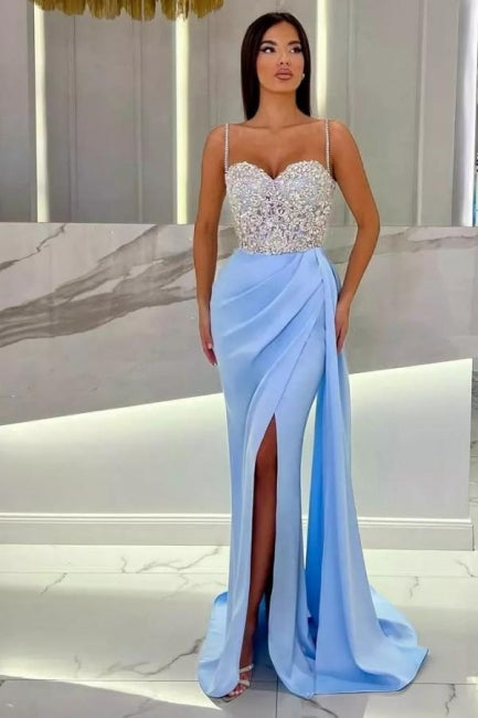 Elegant Long Mermaid Spaghetti Straps Sweetheart Glitter Prom Dress With Slit