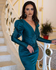 Elegant Long Mermaid V-neck Beading Prom Dress With Long Sleeves-misshow.com