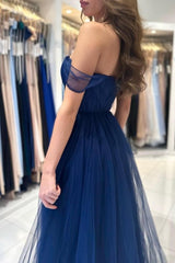 Elegant Long Navy Blue Off-the-shoulder A-line Sleeveless Prom Dresses-misshow.com