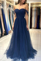 Elegant Long Navy Blue Off-the-shoulder A-line Sleeveless Prom Dresses-misshow.com