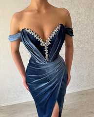 Elegant Long Navy Off-the-shoulder Column Ankle Length Prom Dress With Slit-misshow.com