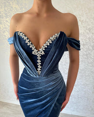 Elegant Long Navy Off-the-shoulder Column Ankle Length Prom Dress With Slit-misshow.com