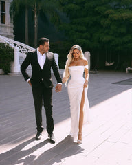 Elegant Long Off-the-shoulder Satin Wedding Dress With Slit-misshow.com