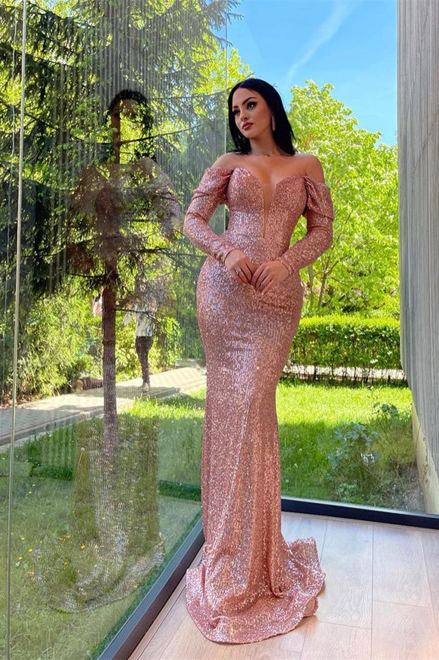 Elegant Long Off-the-shoulder Sequined Mermaid Evening Dresses With Long Sleeves-misshow.com