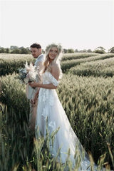 Elegant Long Off-the-Shoulder Tulle Floral Lace Wedding Dress-misshow.com