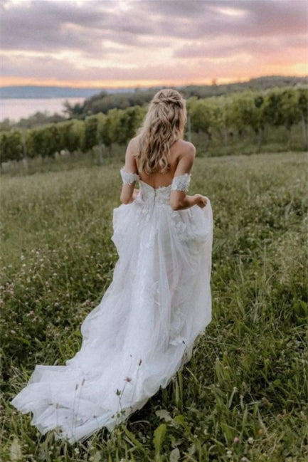 Elegant Long Off-the-Shoulder Tulle Floral Lace Wedding Dress-misshow.com