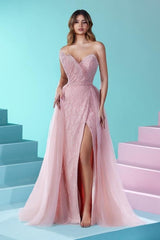 Elegant Long Pink A-line Strapless Lace Glitter Prom Dress With Slit