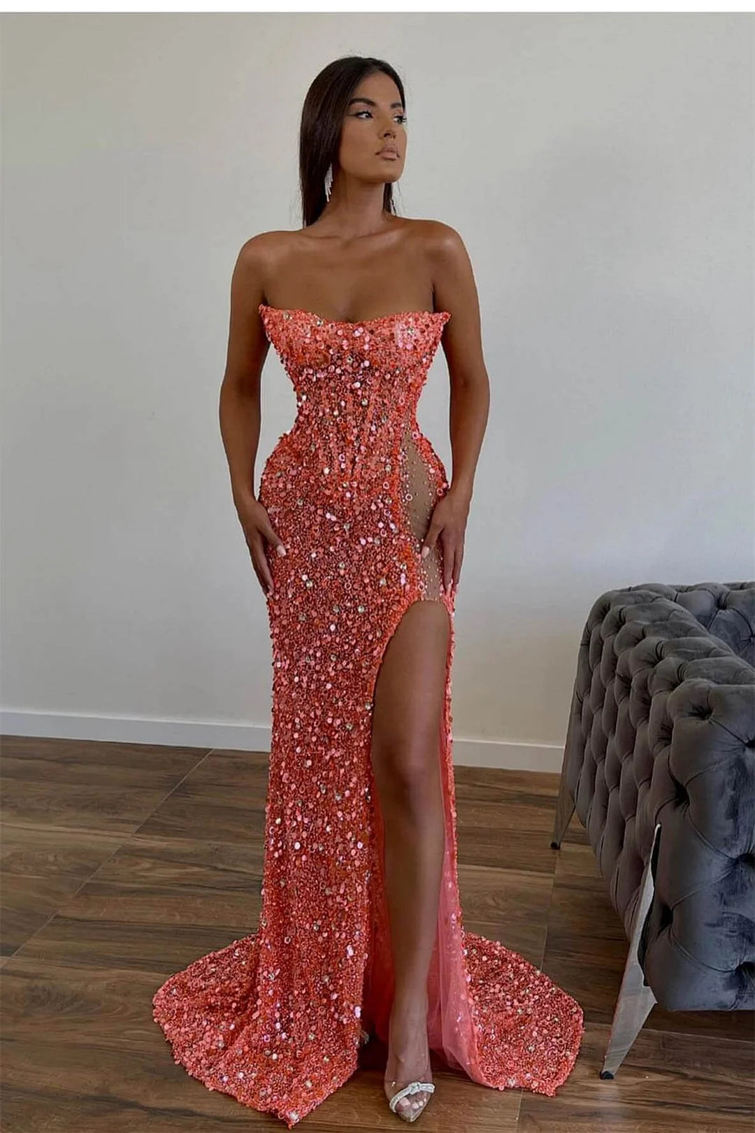 Elegant Long Pink Sexy Strapless Sleeveless Mermaid Prom dresses With Rhinestone-misshow.com