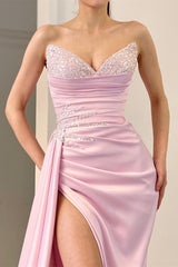 Elegant Long Pink Sleeveless Front Split Satin Prom Dress With Beading-misshow.com