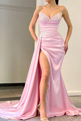 Elegant Long Pink Sleeveless Front Split Satin Prom Dress With Beading-misshow.com