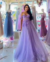 Elegant Long Purple A-line Off-the-shoulder Sleeveless Prom Dress With Lace-misshow.com