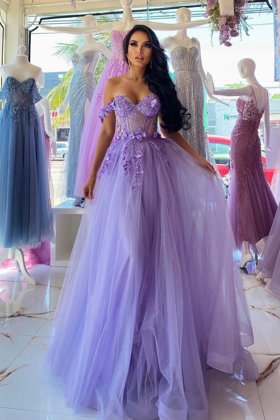 Elegant Long Purple A-line Off-the-shoulder Sleeveless Prom Dress With Lace-misshow.com