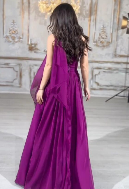 Elegant Long Purple A-line Strapless Laced-up Prom Dress