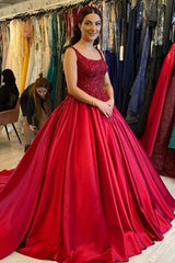 Elegant Long Red A-line Sleeveless Satin Weeding Dress With Lace-misshow.com