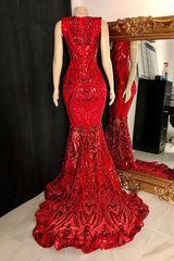 Elegant Long Red Mermaid Sleeveless Prom Dress With Lace-misshow.com