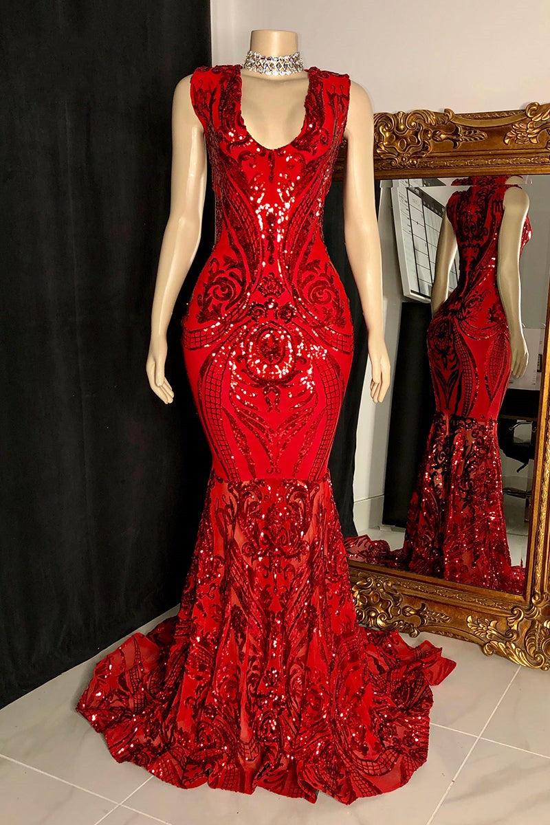 Elegant Long Red Mermaid Sleeveless Prom Dress With Lace-misshow.com