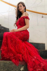 Elegant Long Red Off-the-shoulder Mermaid Prom Dresses with Glitter-misshow.com