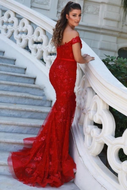 Elegant Long Red Off-the-shoulder Mermaid Prom Dresses with Glitter-misshow.com