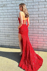 Elegant Long Red One Shoulder Evening Dresses Glitter Lace Prom Dresses With Slit-misshow.com