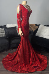 Elegant Long Red One Shoulder V-neck Sequined Prom Dress With Long Sleeve-misshow.com