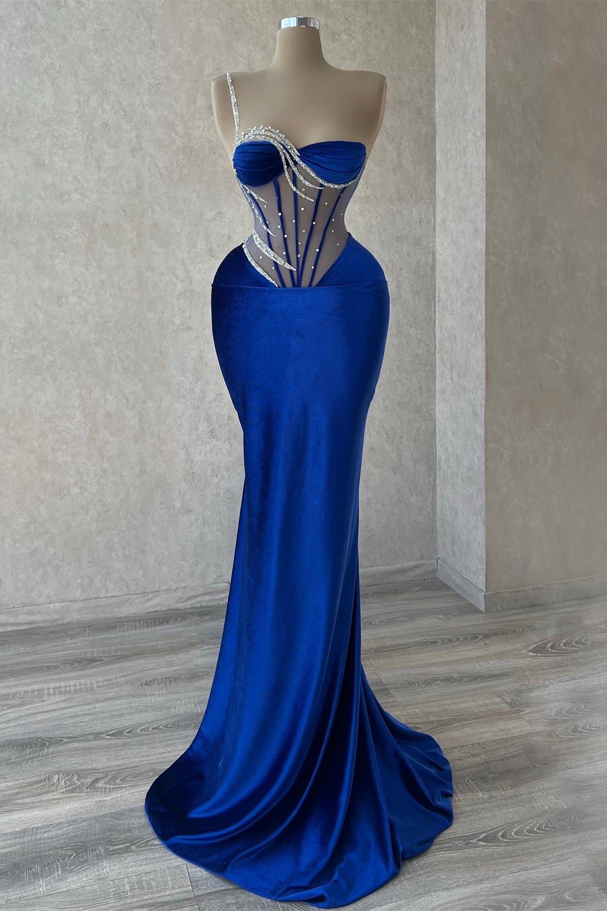 Elegant Long Royal Blue One Shoulder Mermaid Sequined Beading Prom Dress With Lace