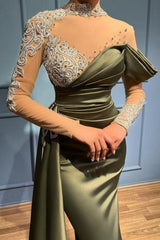 Elegant Long Sage High Neck Mermaid Evening Dresses With Long Sleeves-misshow.com