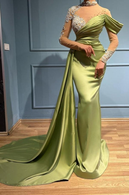 Elegant Long Sage High Neck Mermaid Evening Dresses With Long Sleeves-misshow.com