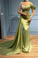 Elegant Long Sage High Neck Mermaid Evening Dresses With Long Sleeves-misshow.com