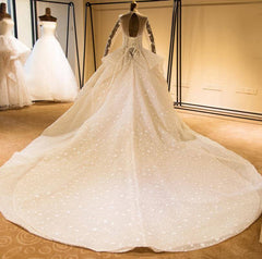 Elegant Long Sleeve Beading Lace-up Tulle Ball Gowns Sparkle Wedding Dress-misshow.com