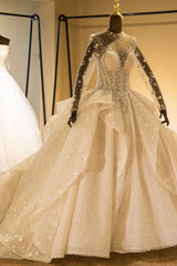 Elegant Long Sleeve Beading Lace-up Tulle Ball Gowns Sparkle Wedding Dress-misshow.com