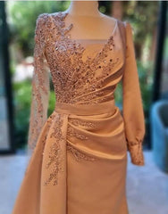 Elegant Long Sleeves Prom Dress Floral Satin Evening Party Dress with Side Sweep Train-misshow.com