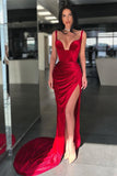 Elegant Long Velvet Red Mermaid Prom Dress With Slit