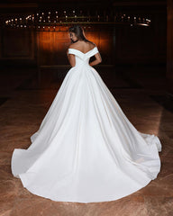 Elegant Long White A-line Off-the-shoulder V-neck Satin Wedding Dress