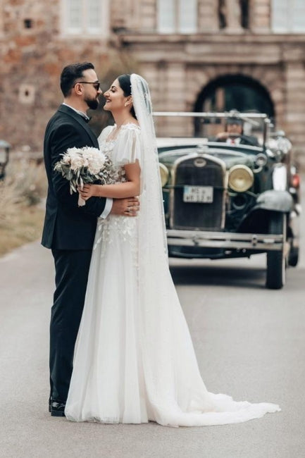 Elegant Long White A-line Square Neck Tulle Lace Wedding Dress with Short Sleeves