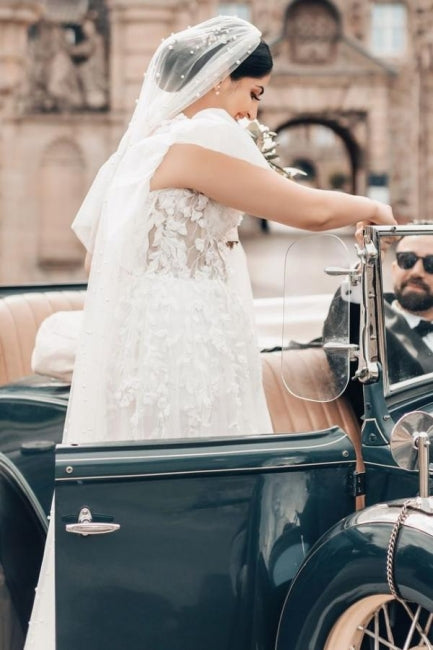 Elegant Long White A-line Square Neck Tulle Lace Wedding Dress with Short Sleeves