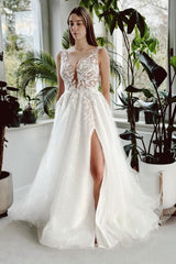 Elegant Long White A-line V-neck Lace Glitter Backless Wedding Dress with Slit