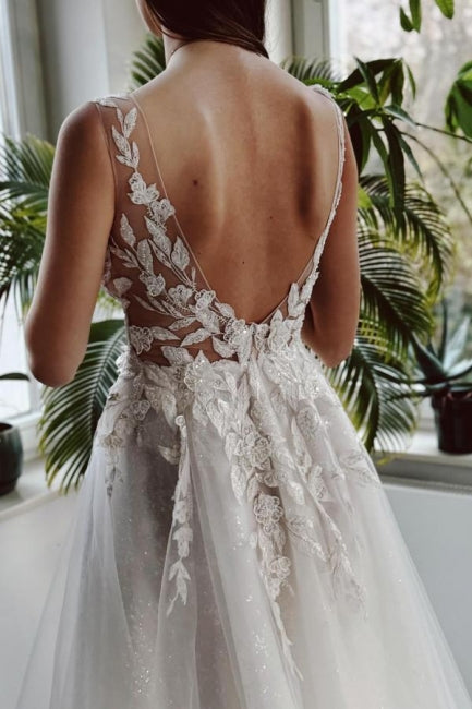 Elegant Long White A-line V-neck Lace Glitter Backless Wedding Dress with Slit