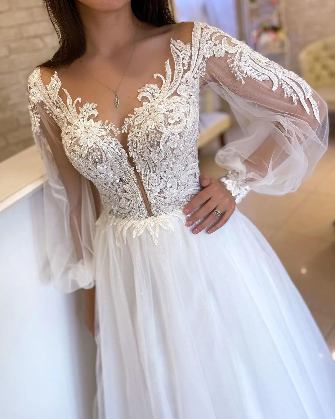 Elegant Long White A-line V-neck Tulle Long Sleeves Wedding Dress With Lace-misshow.com